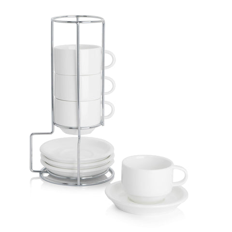 Tazas Sweese espresso apilables 2.5 oz con platillos y soporte metalico, ahorro de espacio.
