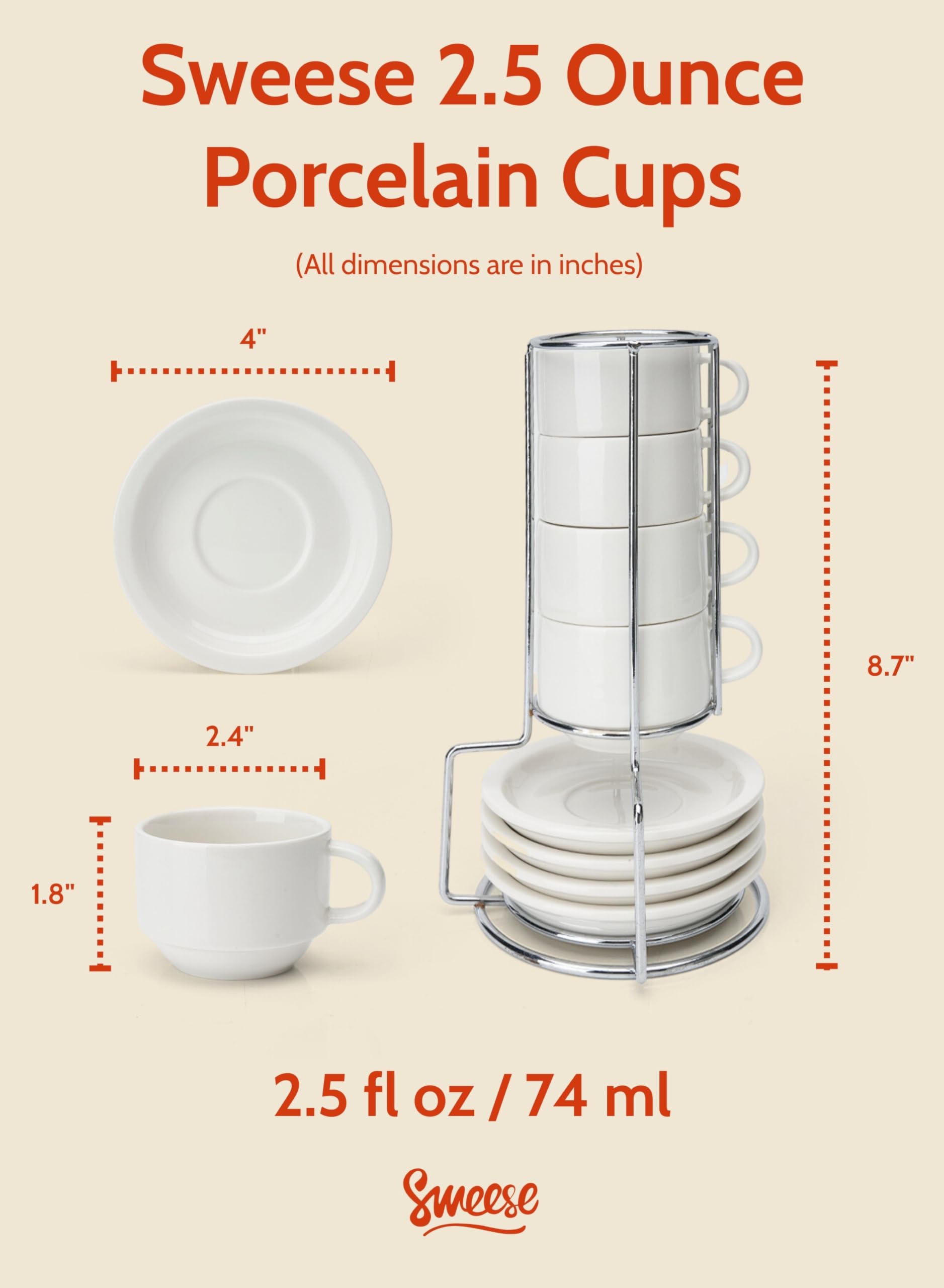 Tazas Sweese espresso blancas 2.5 oz con platillos, aptas para cocinas ordenadas.