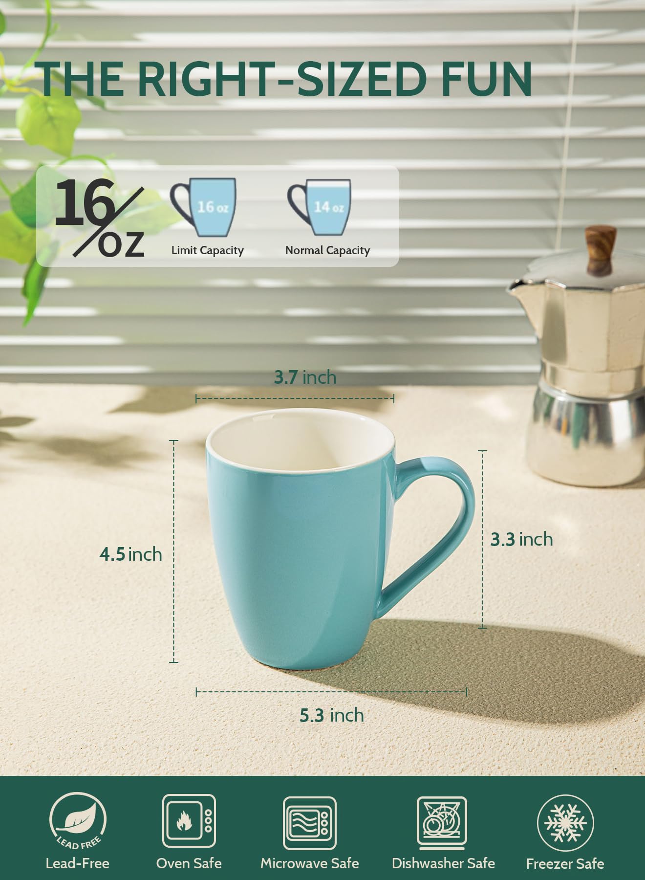 Taza Sweese para latte de 16 oz, turquesa, agarre cómodo