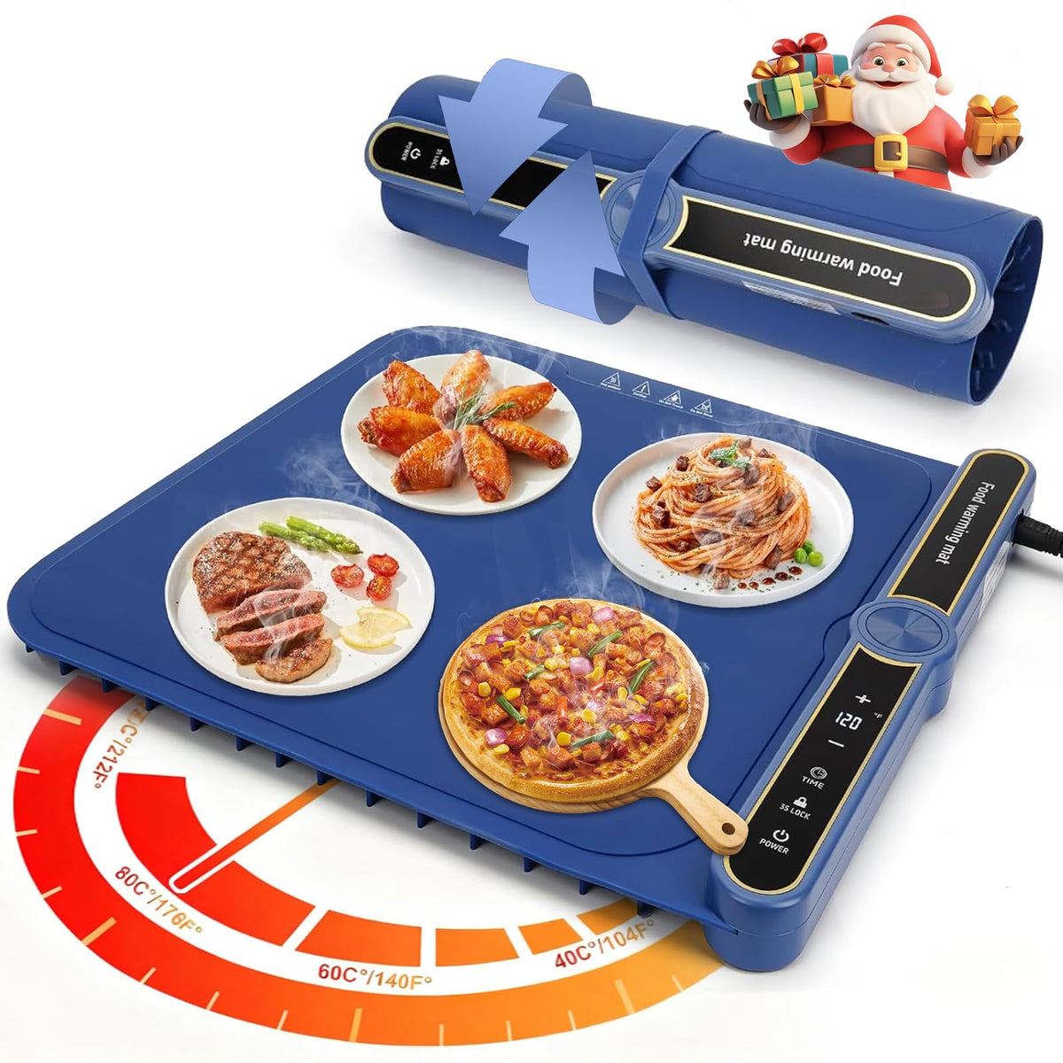 Tapete caliente Sweetone en azul mantiene platos tibios para buffet.