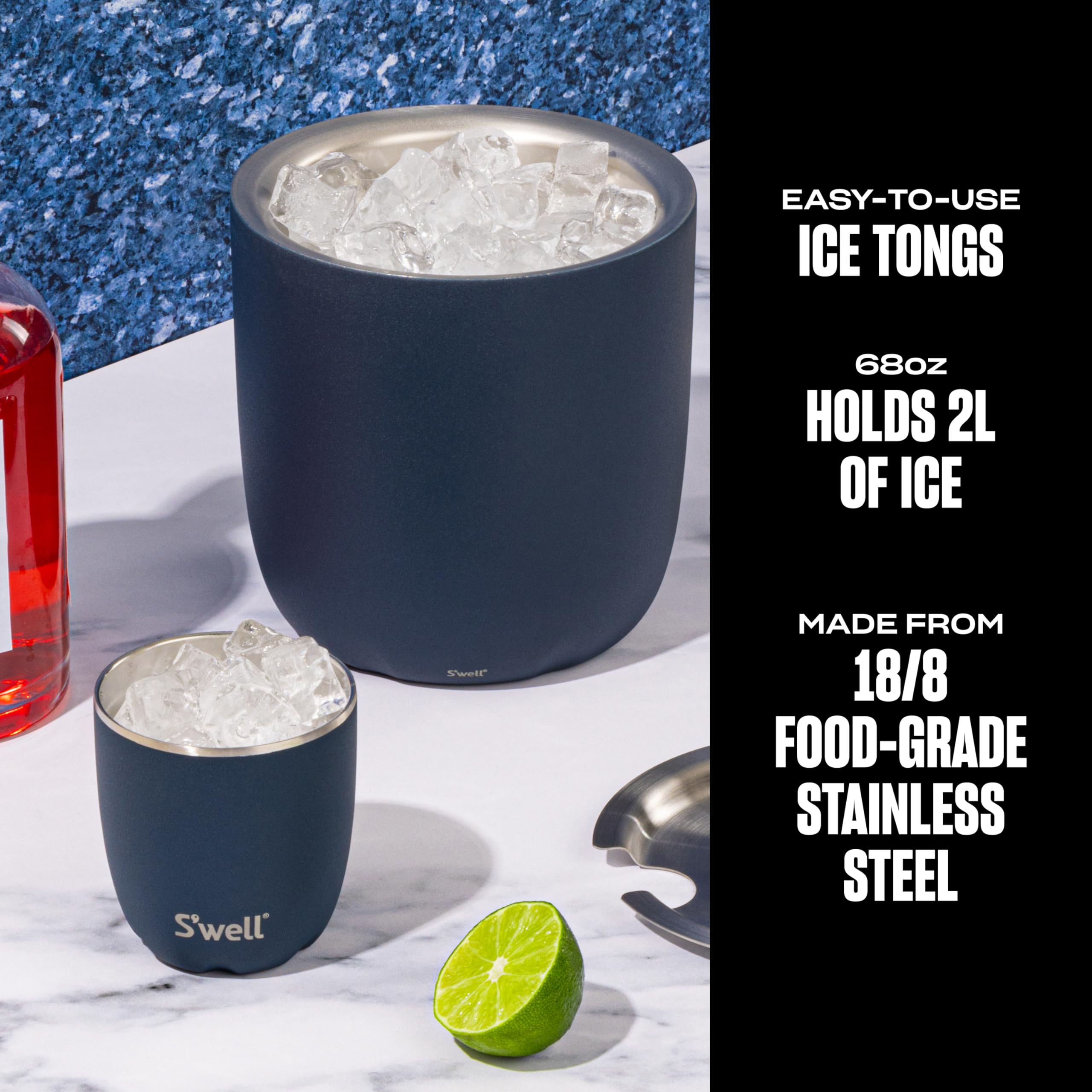 Pinzas para hielo de S'well con cubeta, manejo cómodo y limpio.