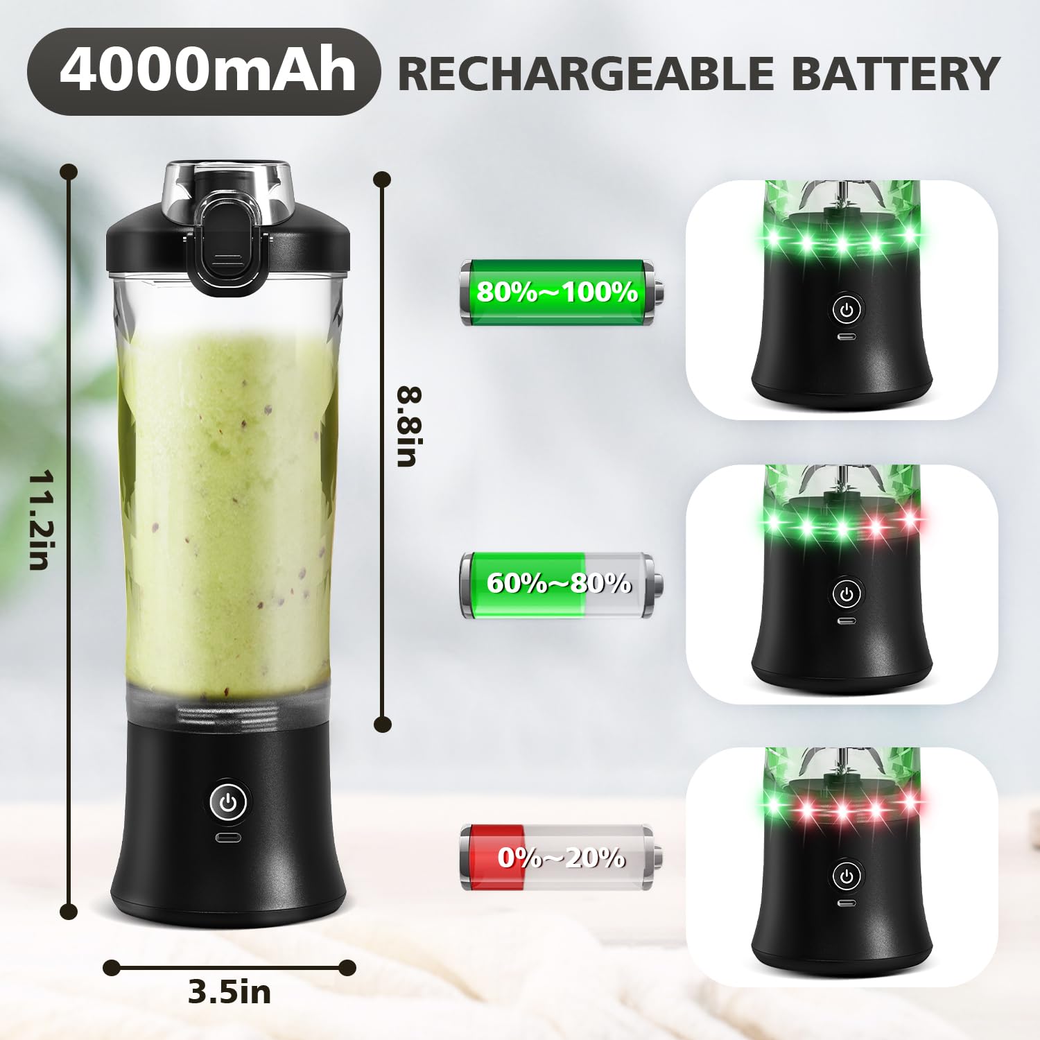 Diseño portátil con batería de 4000mAh y carga USB-C para usar en cualquier lugar.