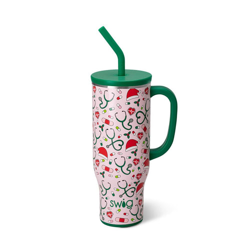 Swig Life 30oz Mega Mug con asa y sorbete, ideal para beber con una mano.