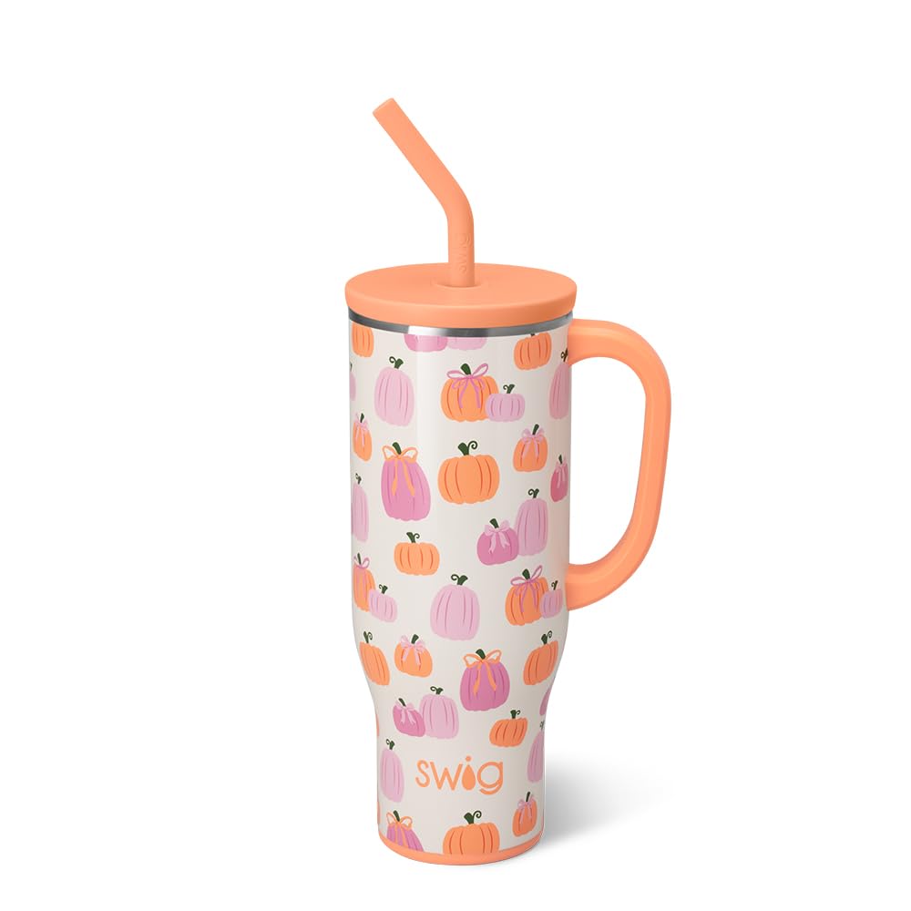Swig Life 30oz Mega Mug con calabazas y lazos, diseño festivo para llevar bebidas.