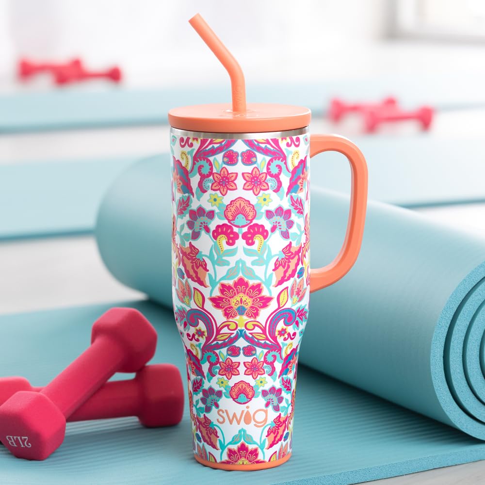 Swig Life 40 onzas Mega Mug Flourish con pajilla reutilizable para beber limpio.