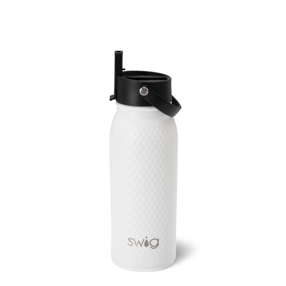 Swig Life 36oz botella aislada con pajilla y tapa, lista para viajar.