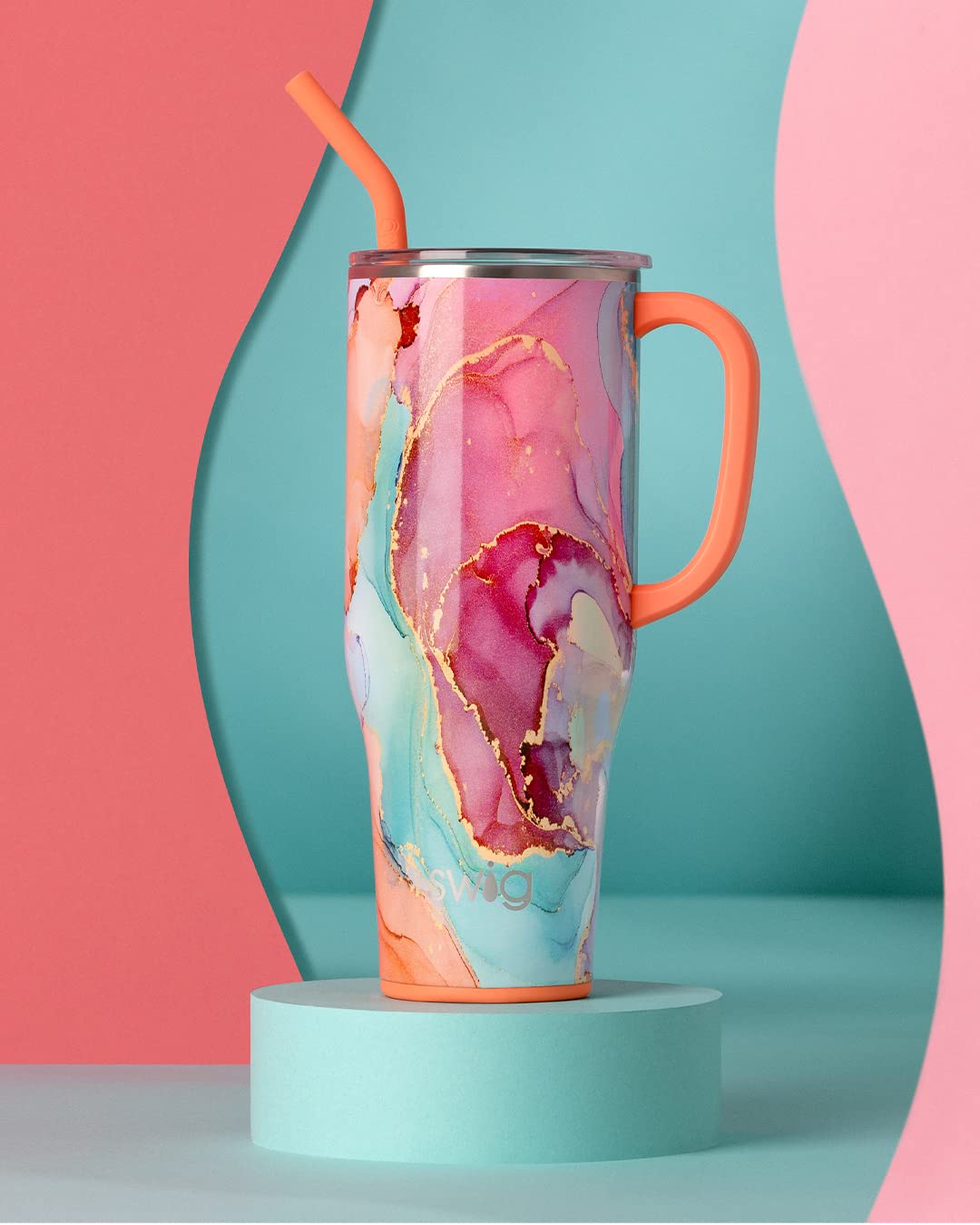 Swig Life Dreamsicle 40oz Mega Mug asa, agarre cómodo para viajes.