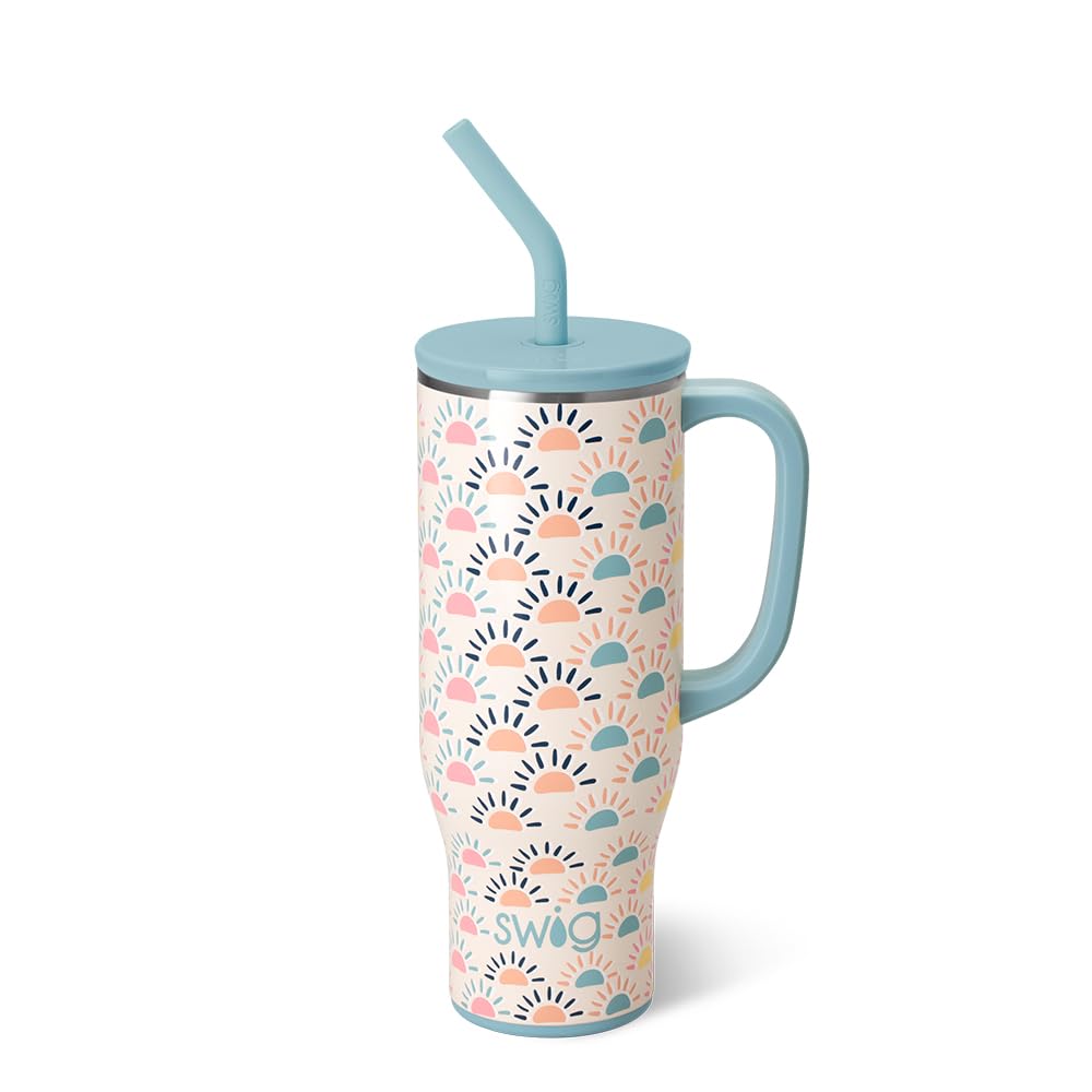 Swig Life mega taza de 30 onzas con manija y pajilla para sorbos más cómodos.