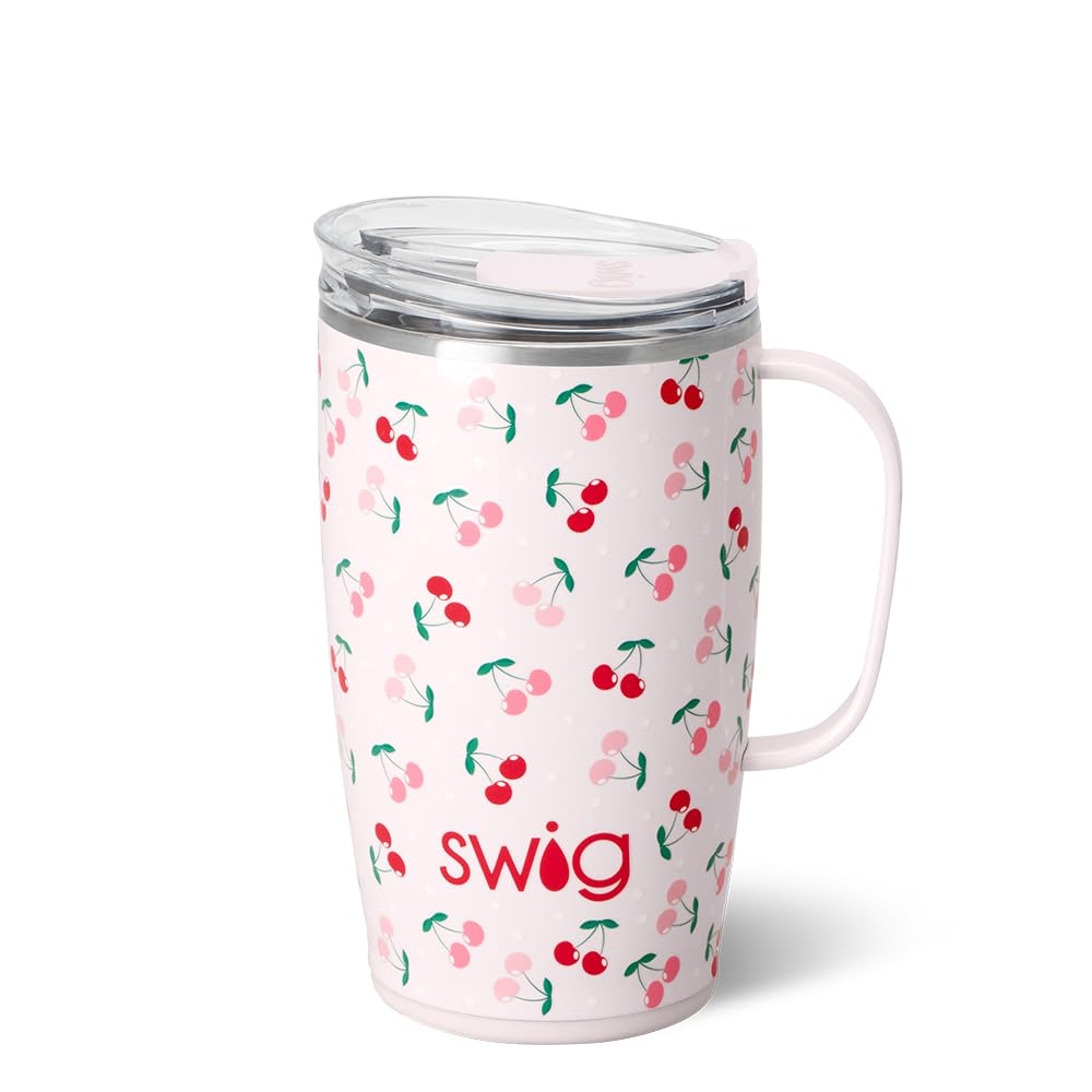 Swig Life, taza de viaje 18oz con asa y tapa color cereza-pie, ideal para café caliente.