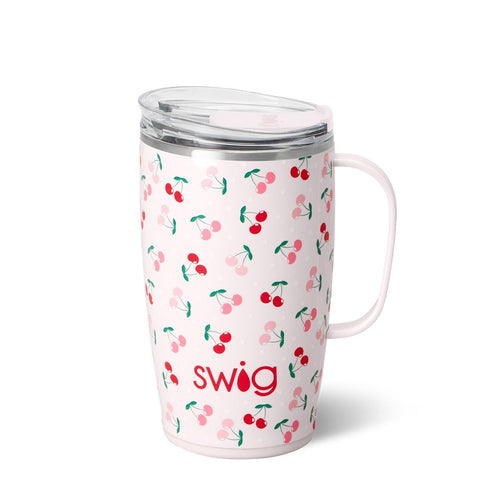 Swig Life, taza de viaje 18oz con asa y tapa color cereza-pie, ideal para café caliente.