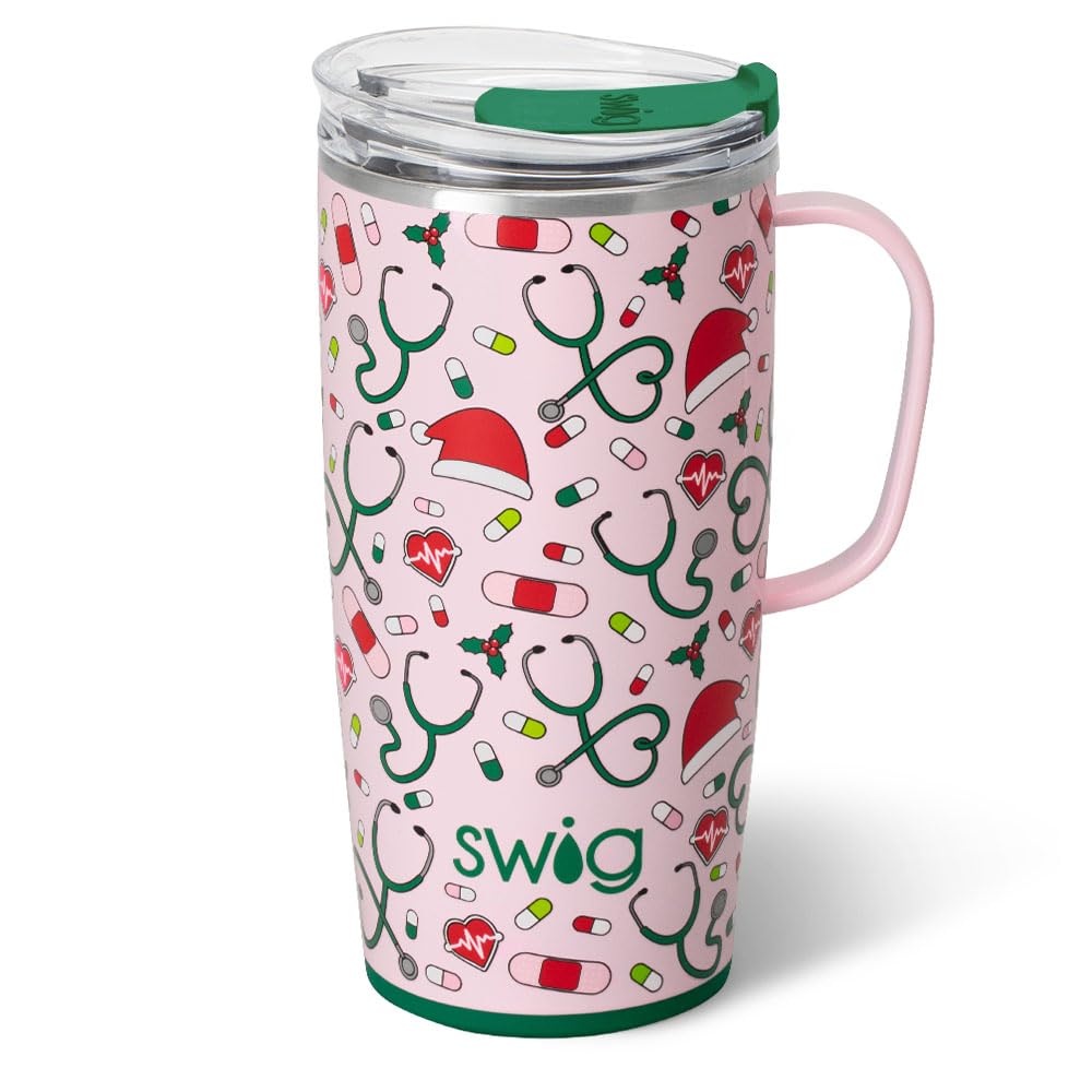 Swig Life 22 oz con asa y tapa, ideal para bebidas frías o calientes en movimiento.