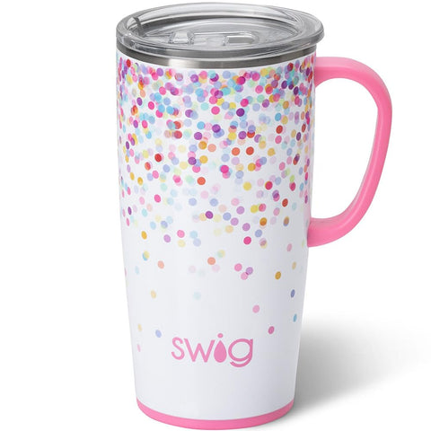 Swig Life 22oz taza de viaje con asa y tapa confeti, ideal para llevar bebidas.