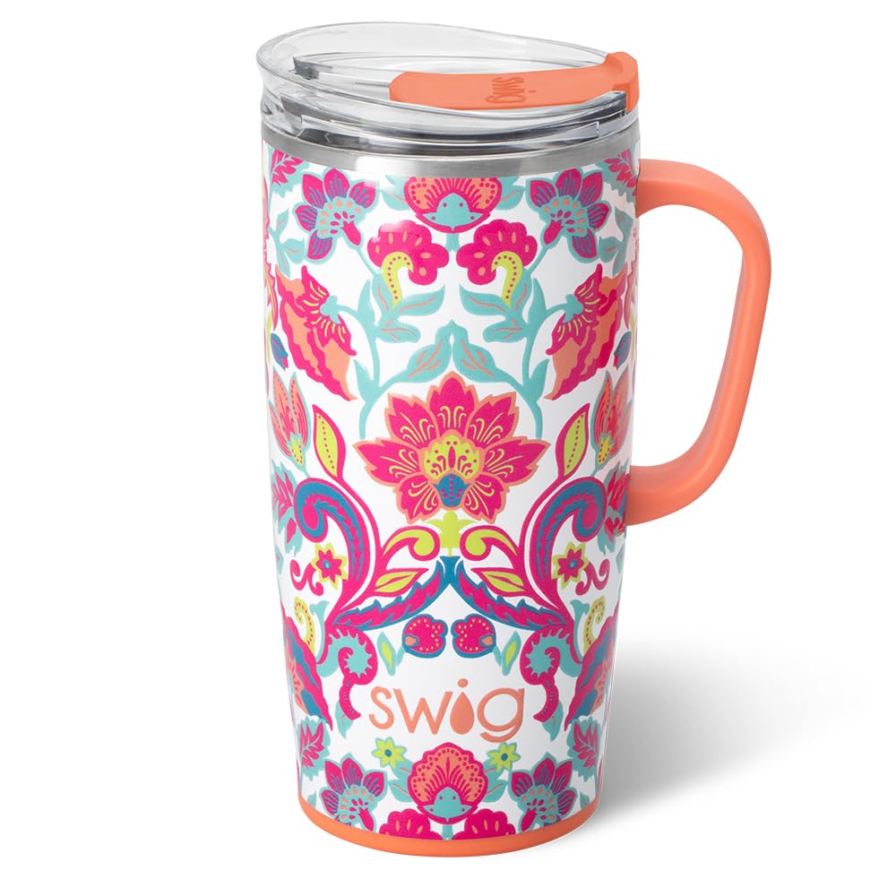 Swig Life Flourish taza de viaje 22 oz con asa y tapa, cómoda para viajes.