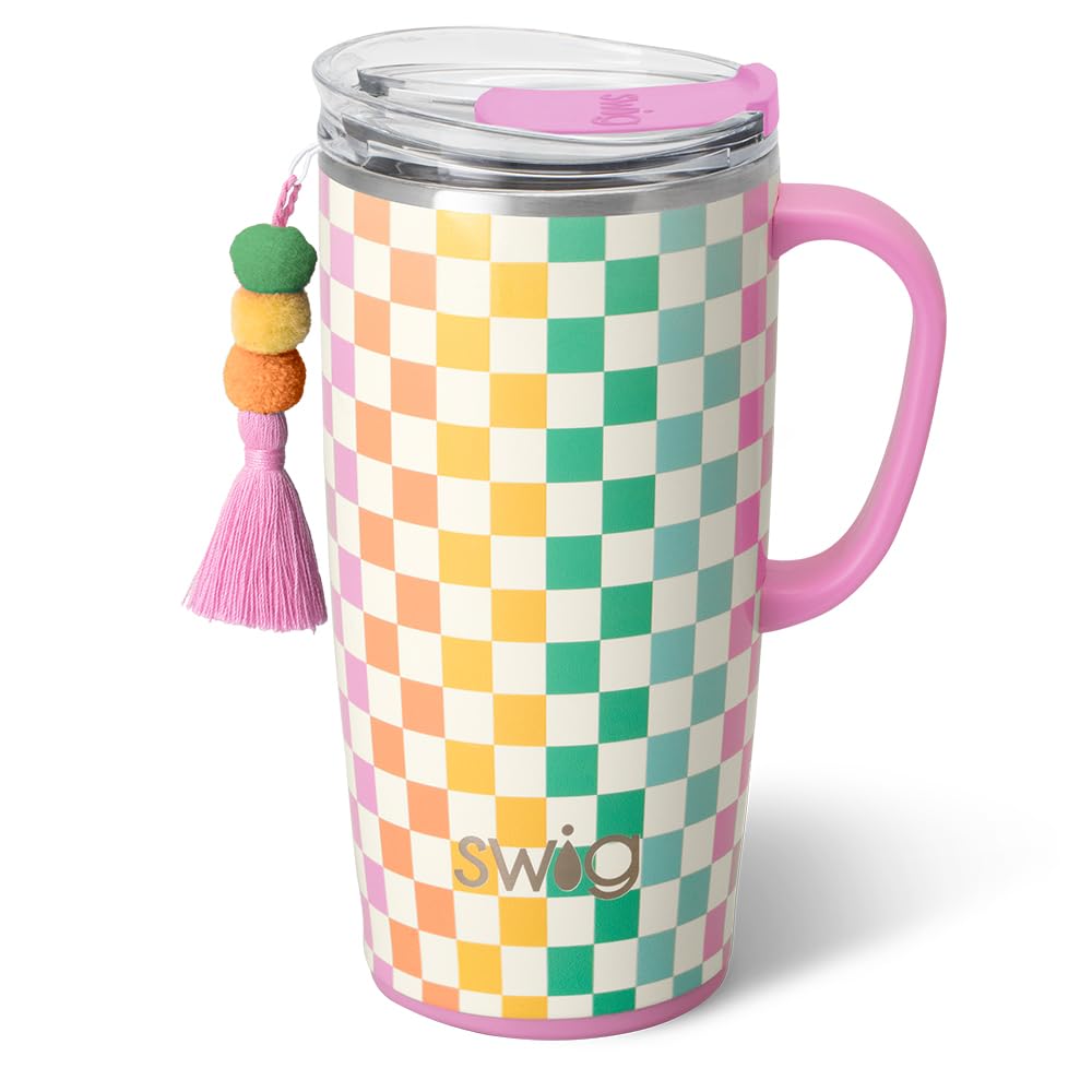 Swig Life 22oz con mango y diseño a cuadros, ideal para mantener bebidas frías en marcha.