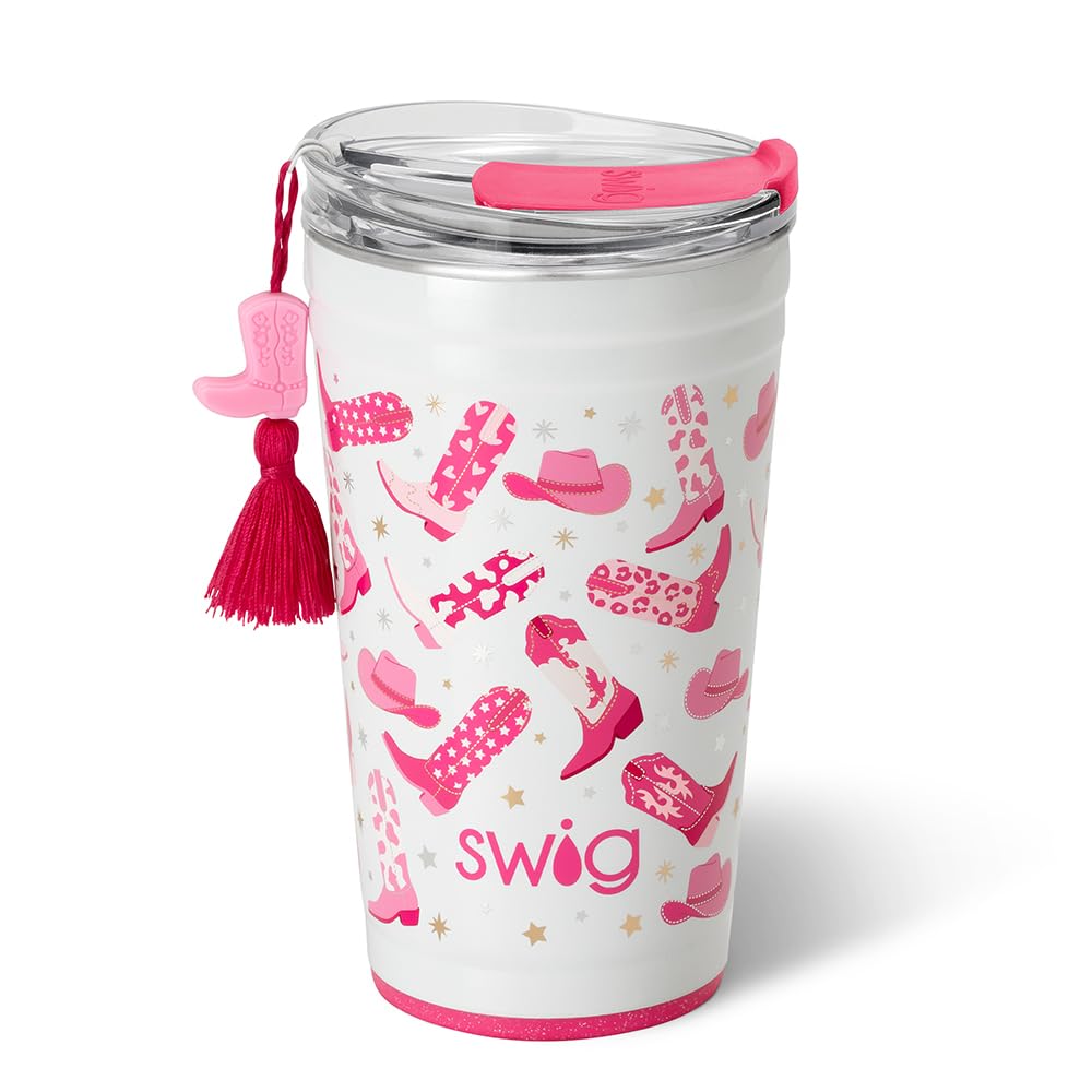 Vaso Swig Life 24oz con tapa deslizable, vista frontal para viajes.