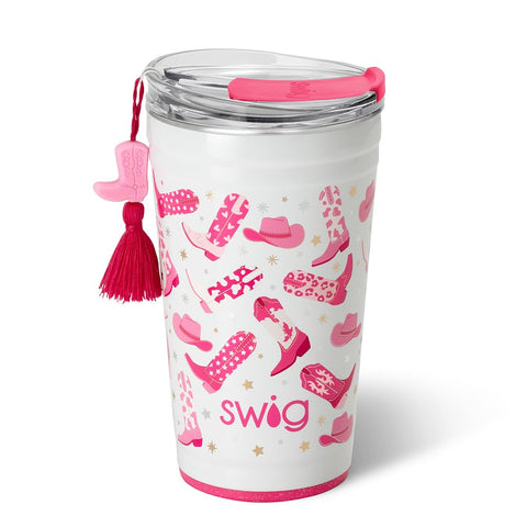 Vaso Swig Life 24oz con tapa deslizable, vista frontal para viajes.