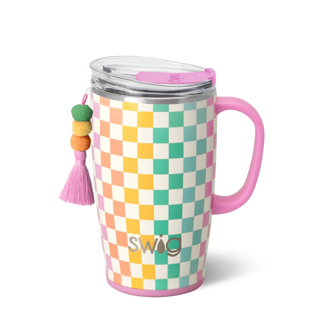 Vaso térmico Swig Life 18oz con diseño de cuadros Check Mate, asa y tapa para llevar.