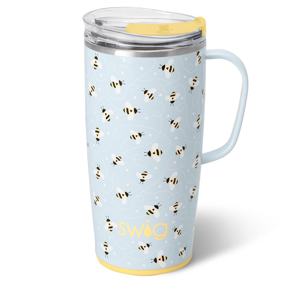 Swig Life vaso viaje 22oz Busy Bee con asa ergonómica para llevar cómodamente.