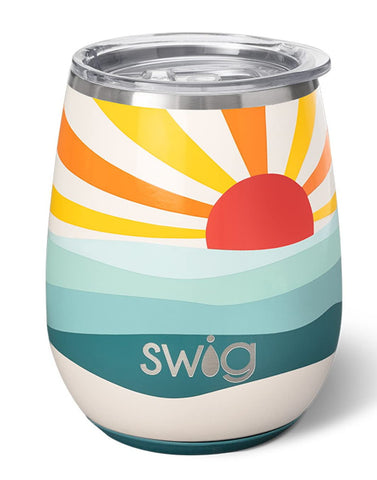 Swig Life 14oz Vaso vino sin tallo con tapa, ideal para mantener frío al aire libre.