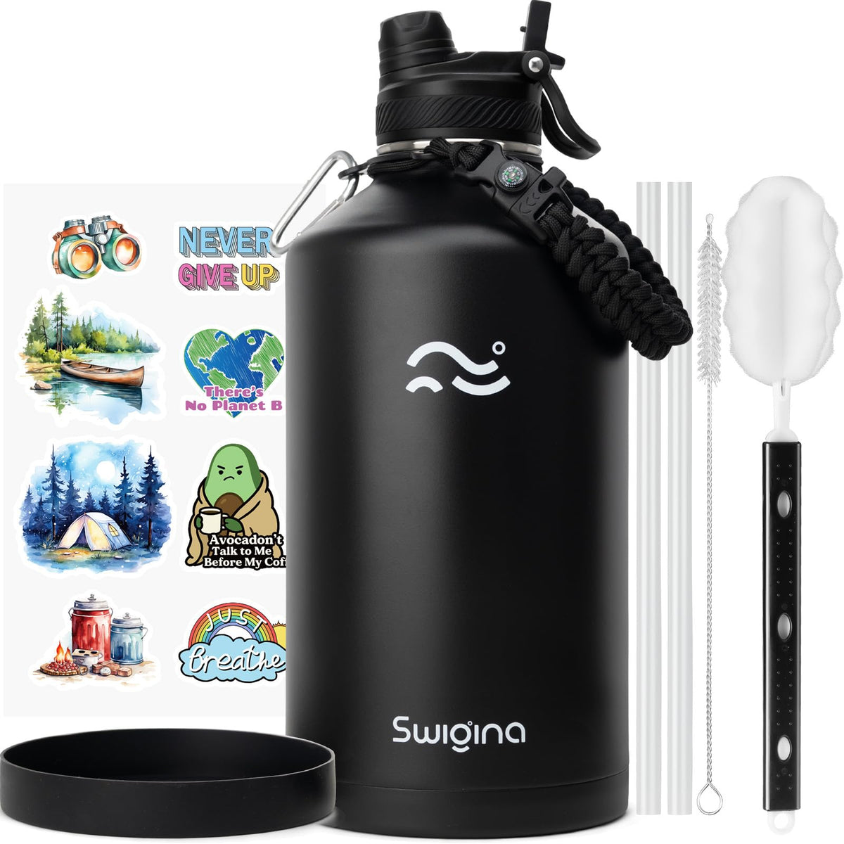 Swigina botella aislada con tapa doble intercambiable, ideal para gimnasio y viajes.