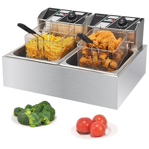 Freidora Swinod con cestas para fritura comercial, ideal para porciones grandes.