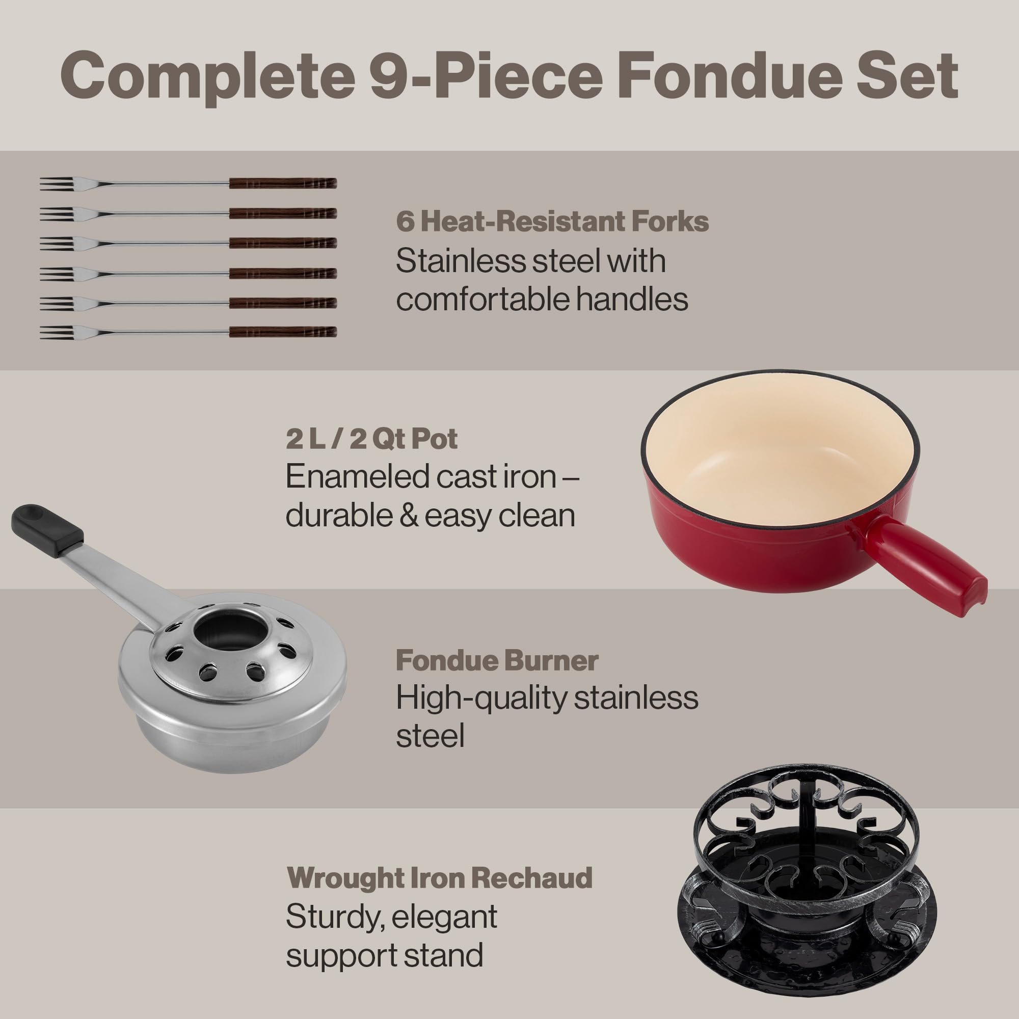Quemador de fondue Swissmar Lugano para calor estable en cualquier mesa.