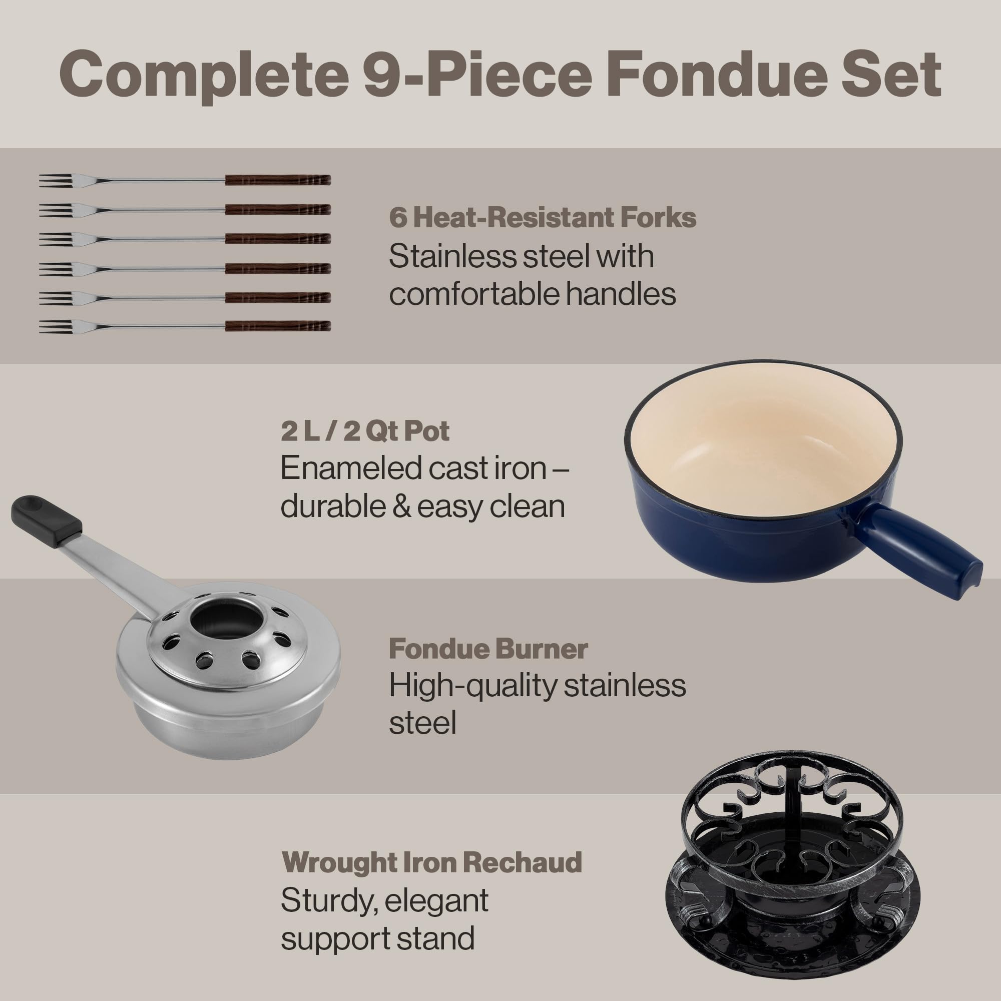 Swissmar Lugano, quemador de fondue, mantiene temperatura constante para el servicio.