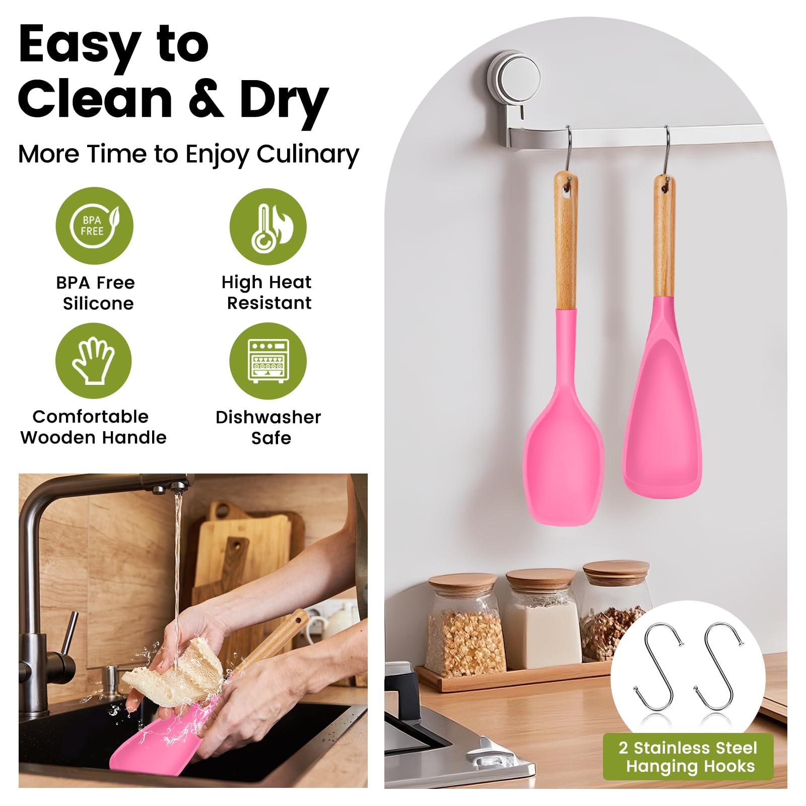 Ganchos de acero inoxidable 304 incluidos para colgar y mantener la cocina ordenada.