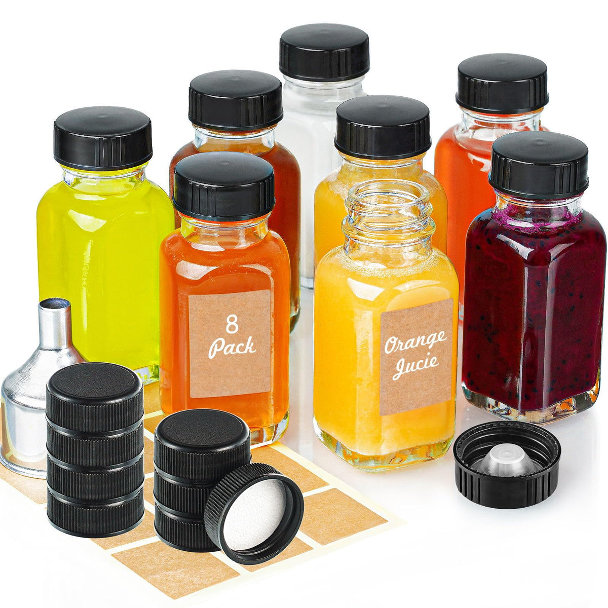 Botellas Syntic 2 oz con tapas cónicas para sellado seguro.