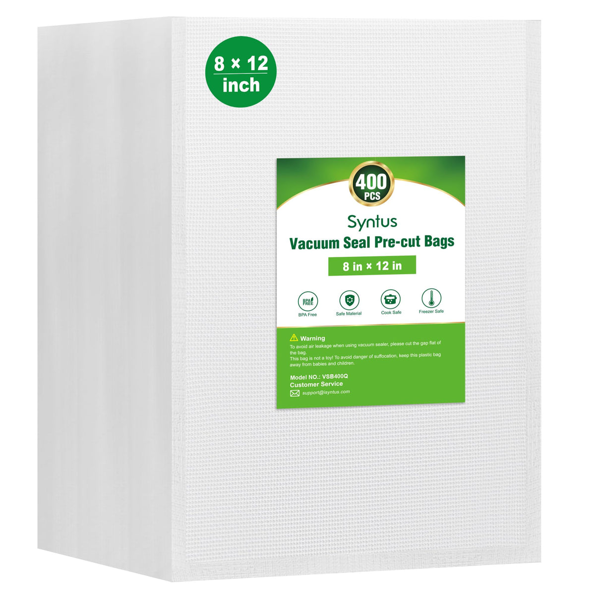 Bolsas de vacío Syntus precortadas 8x12 para almacenamiento seguro de alimentos.