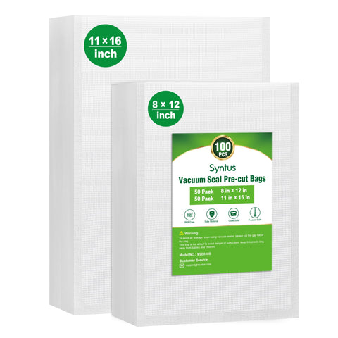 Syntus bolsas para vacío 8x12 precortadas para porciones rápidas y almacenamiento eficiente.