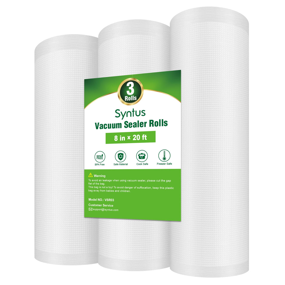 Syntus rollos de bolsas de vacío 8x20, lista para sellar porciones frescas.