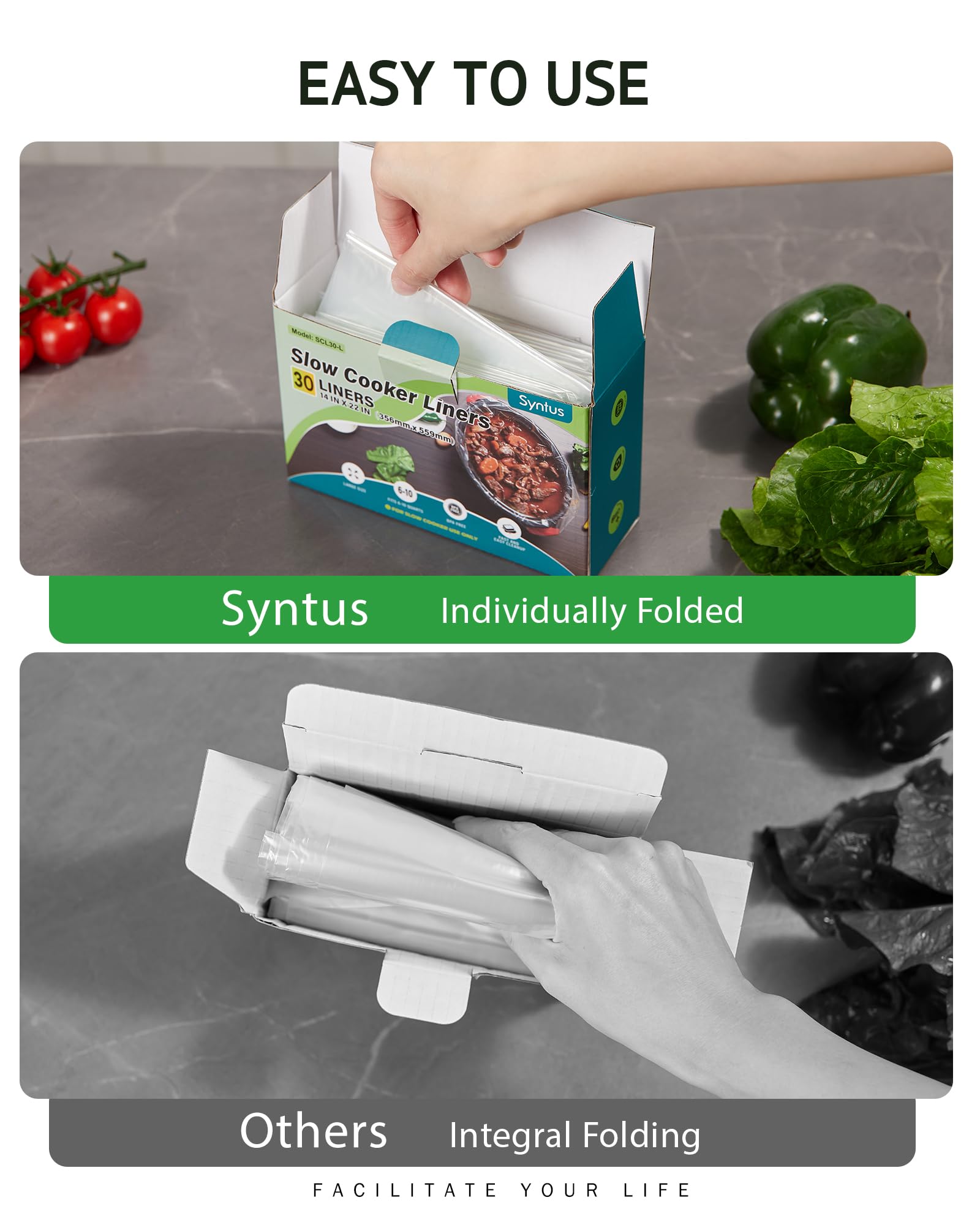 Uso de tres pasos con bolsas Syntus para olla lenta, limpieza simplificada.