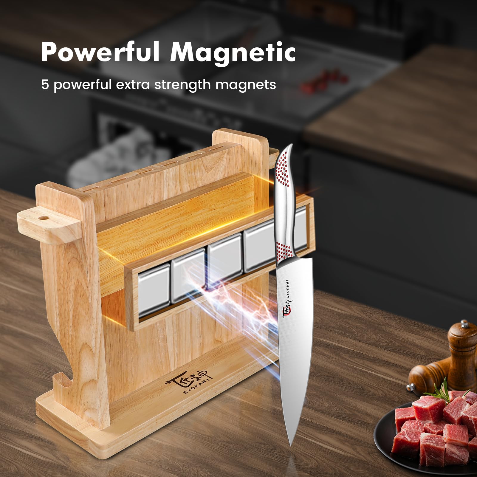 SYOKAMI bloque magnético de cuchillos, almacenamiento estable y seguro para la cocina.