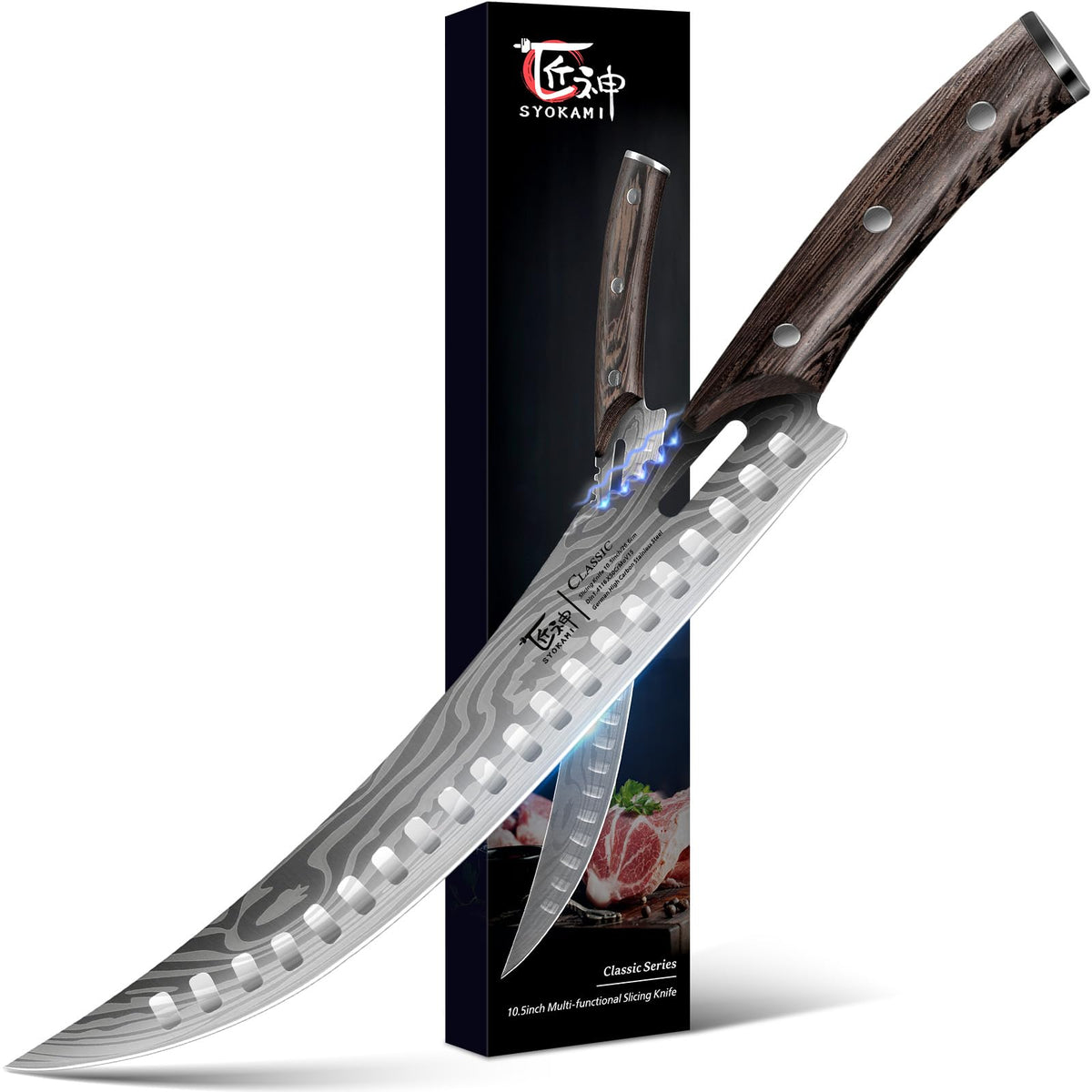 SYOKAMI Cuchillo Carnicero Curvo 10.5 pulgadas con mango de madera, para cortes uniformes y precisos.