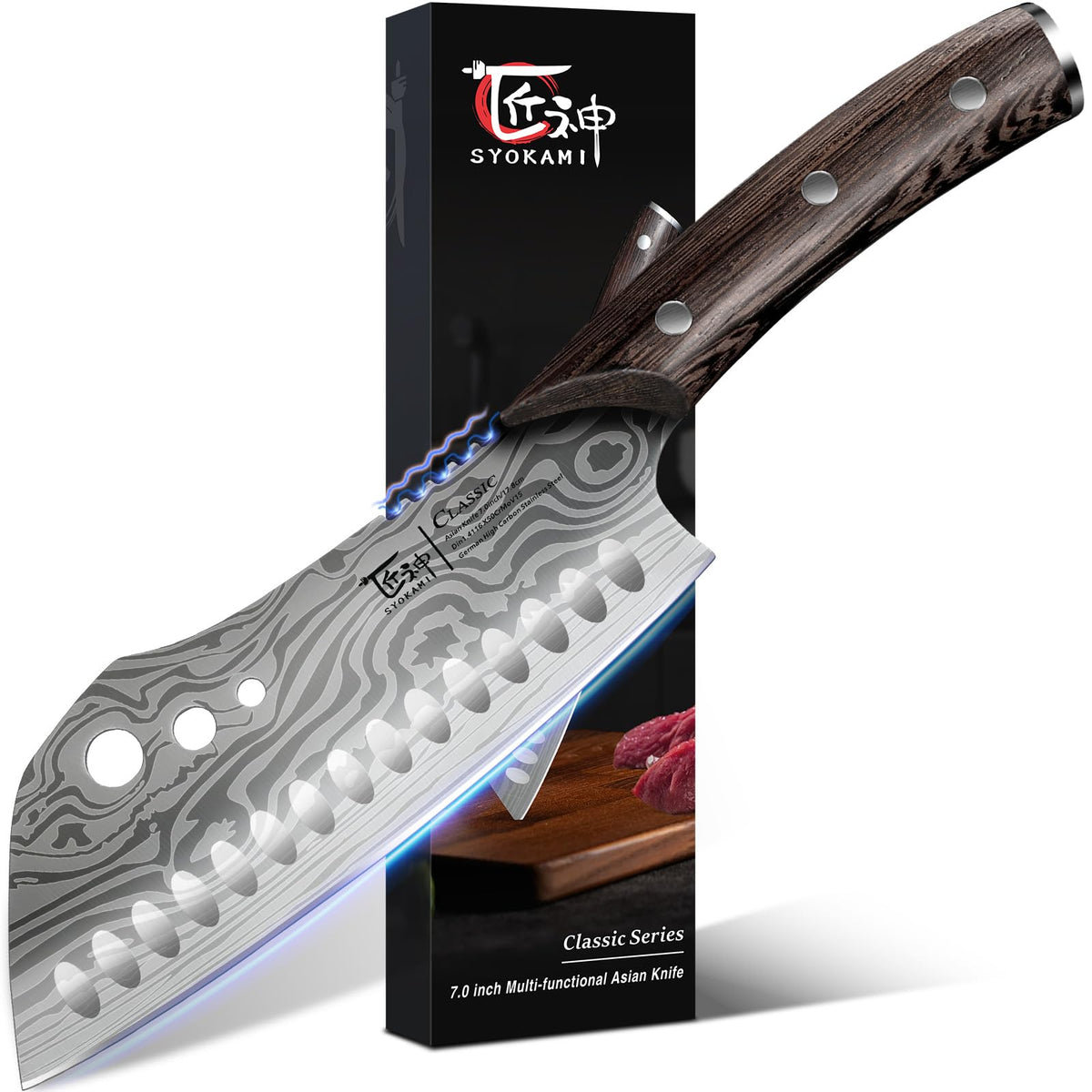 Cuchillo SYOKAMI Cleaver de 7 pulgadas visto desde arriba para cortar y rebanar con precisión.