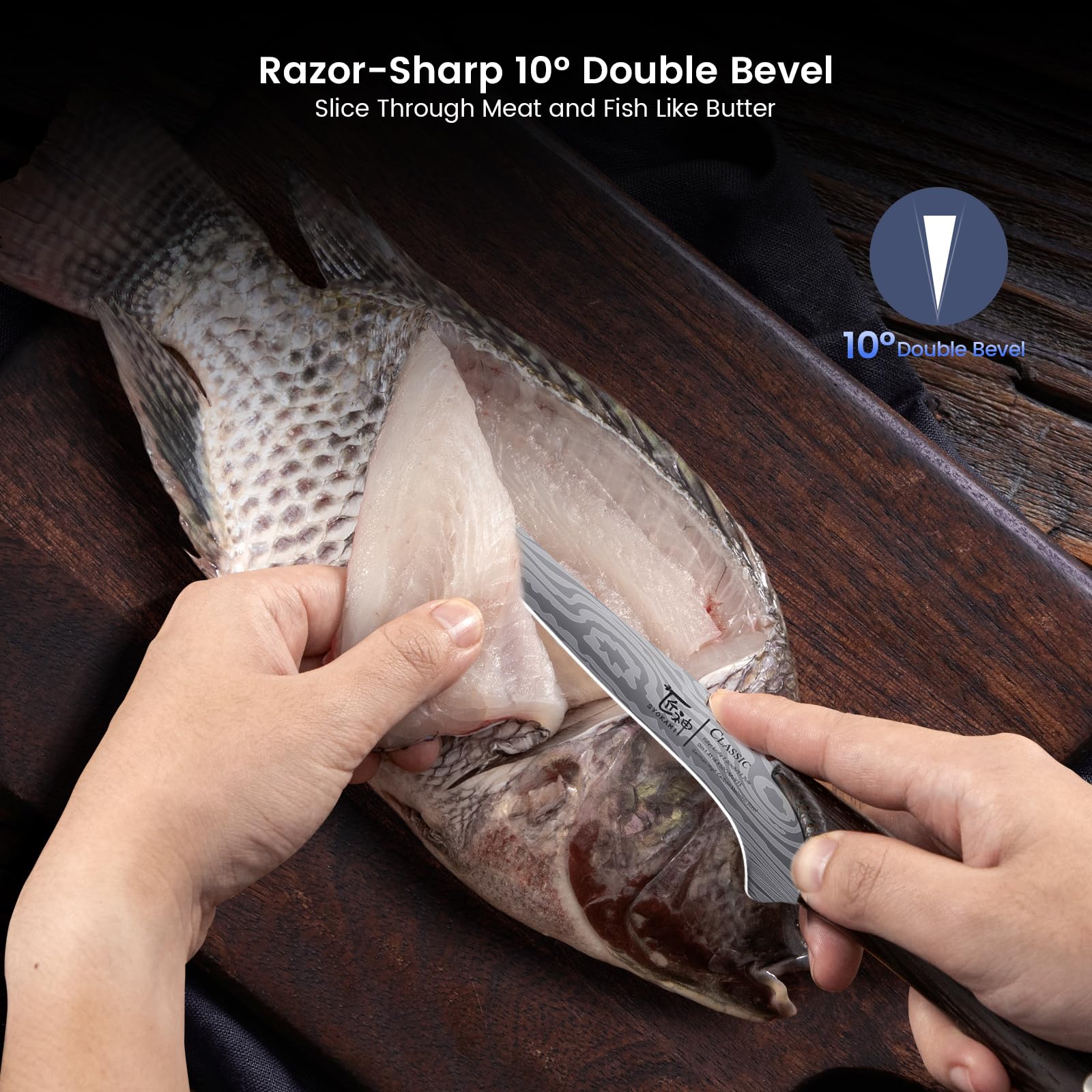 Cuchillo SYOKAMI Filete 7.2 pulgadas, espina con dientes antideslizantes para agarre.