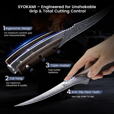 Cuchillo SYOKAMI Filete 7.2 pulgadas, guardafingras curvo para mayor seguridad.