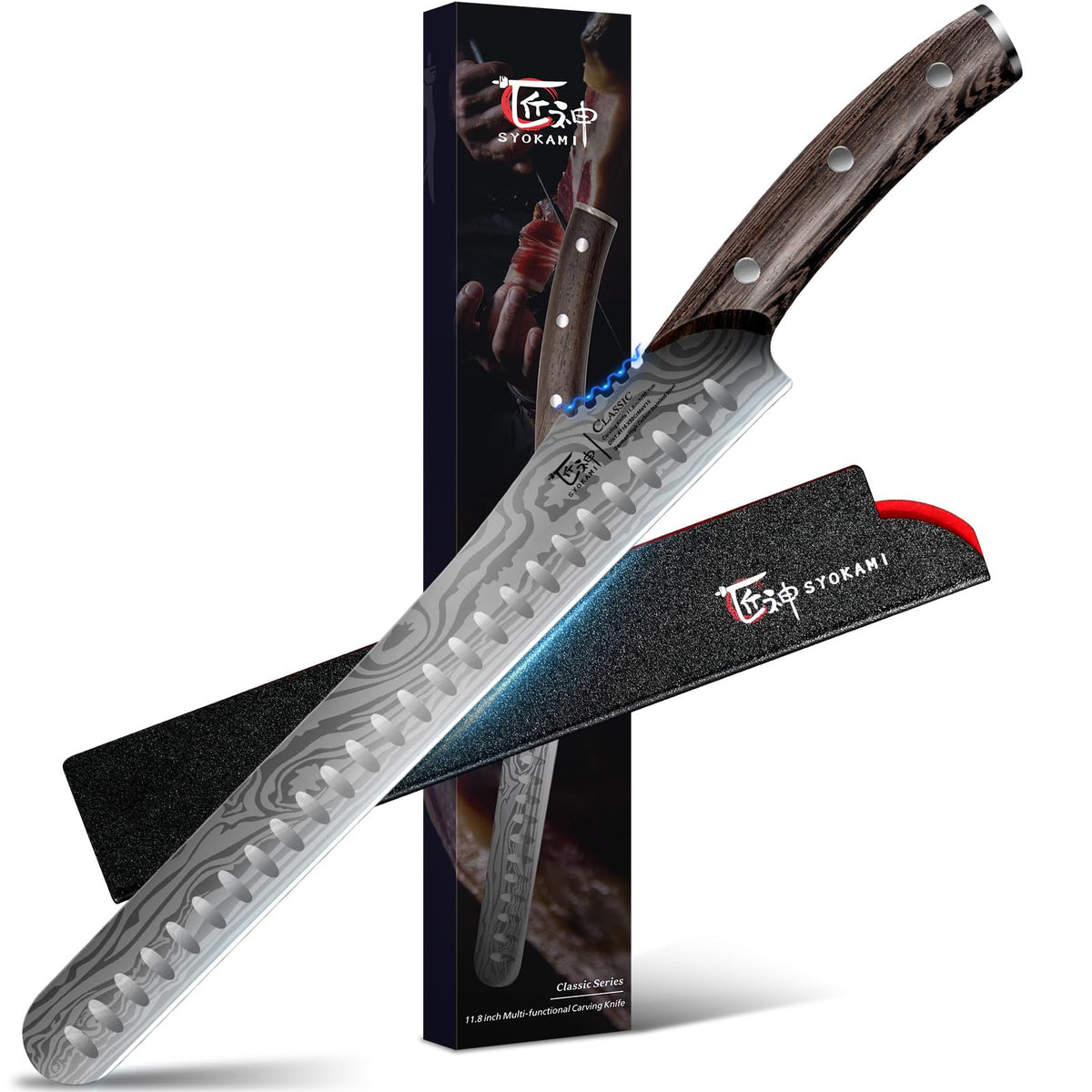 SYOKAMI cuchillo rebanar brisket 12 pulgadas, hoja satinada para cortes finos