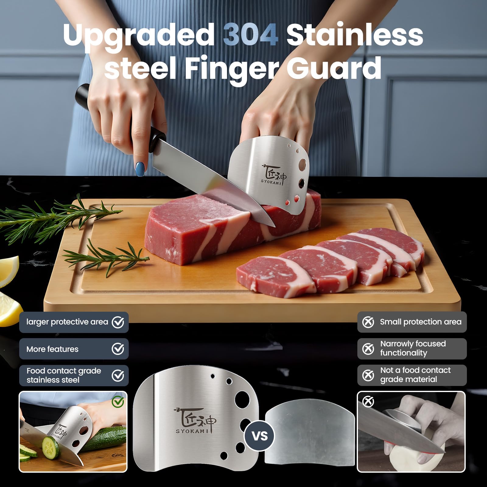 Diseño angulado SYOKAMI facilita raspar alimentos sin quitar protección.