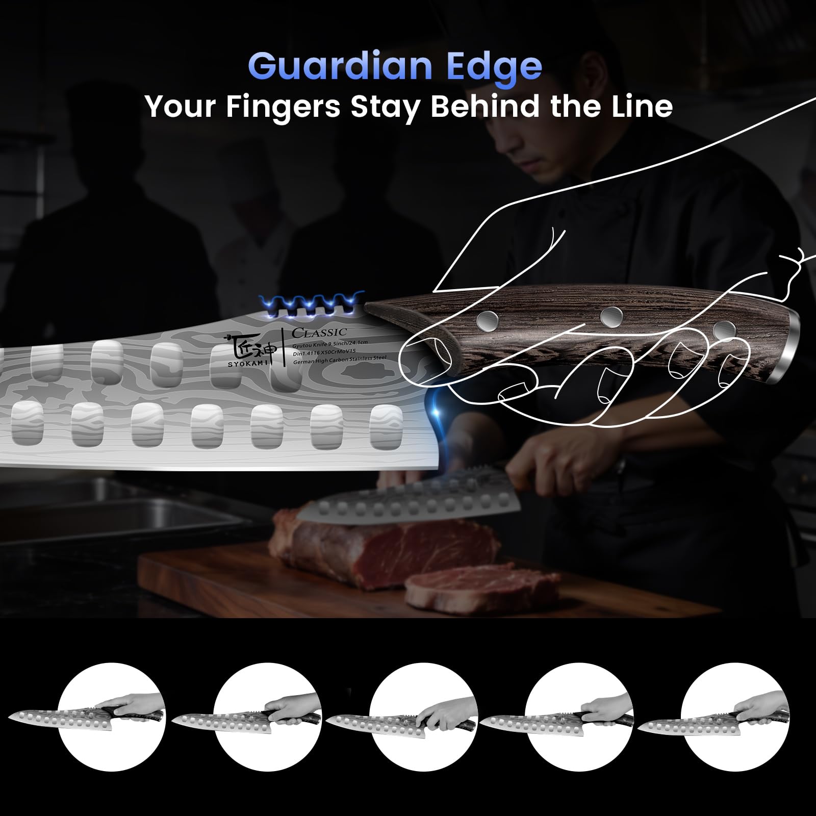 Filo ultra afilado de SYOKAMI Gyuto para trocear con facilidad
