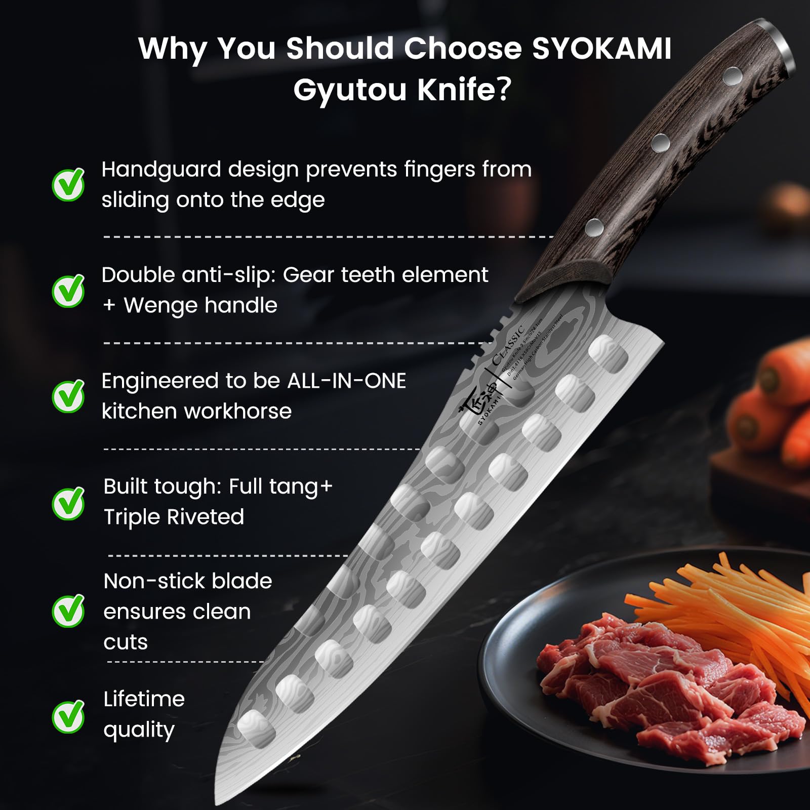 Empuñadura antideslizante ideal para condiciones húmedas con SYOKAMI Gyuto