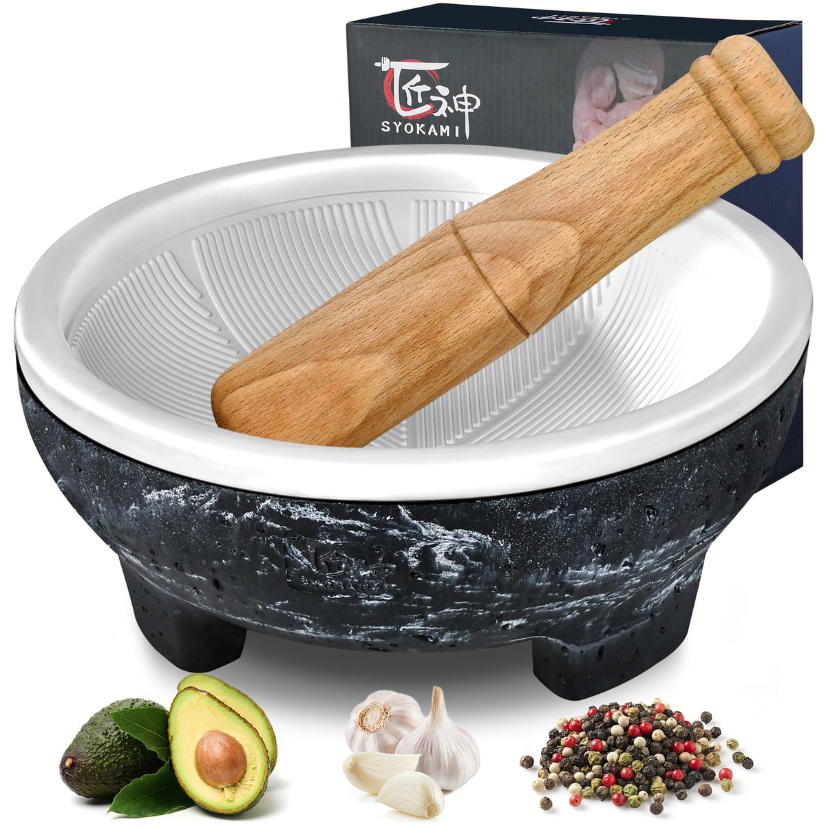 SYOKAMI Mortero cerámico ligero de 2 tazas para triturar especias y hierbas