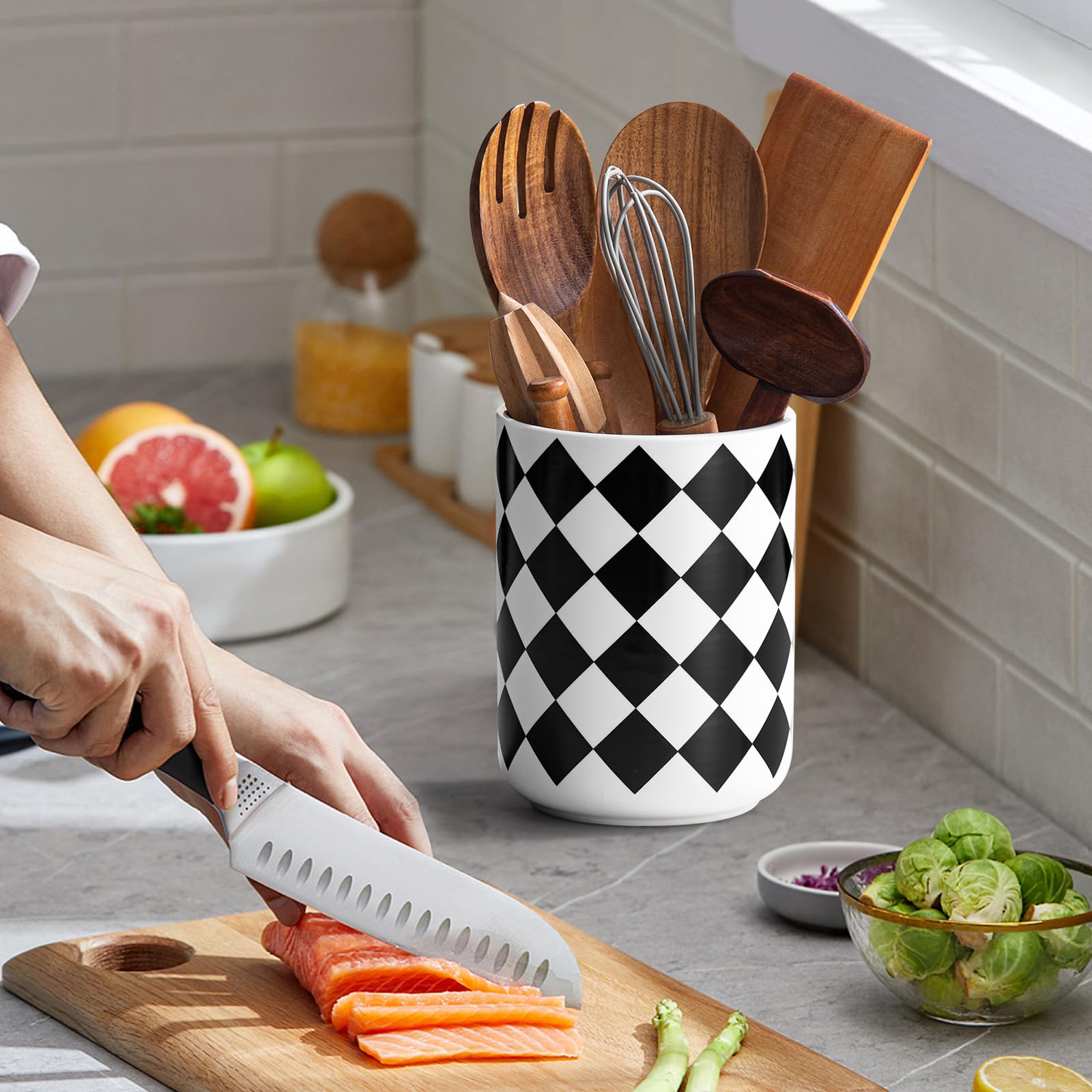 SYXUPUMI porta-utensilios cerámico con diseño cuadrado moderno para ordenar la encimera.