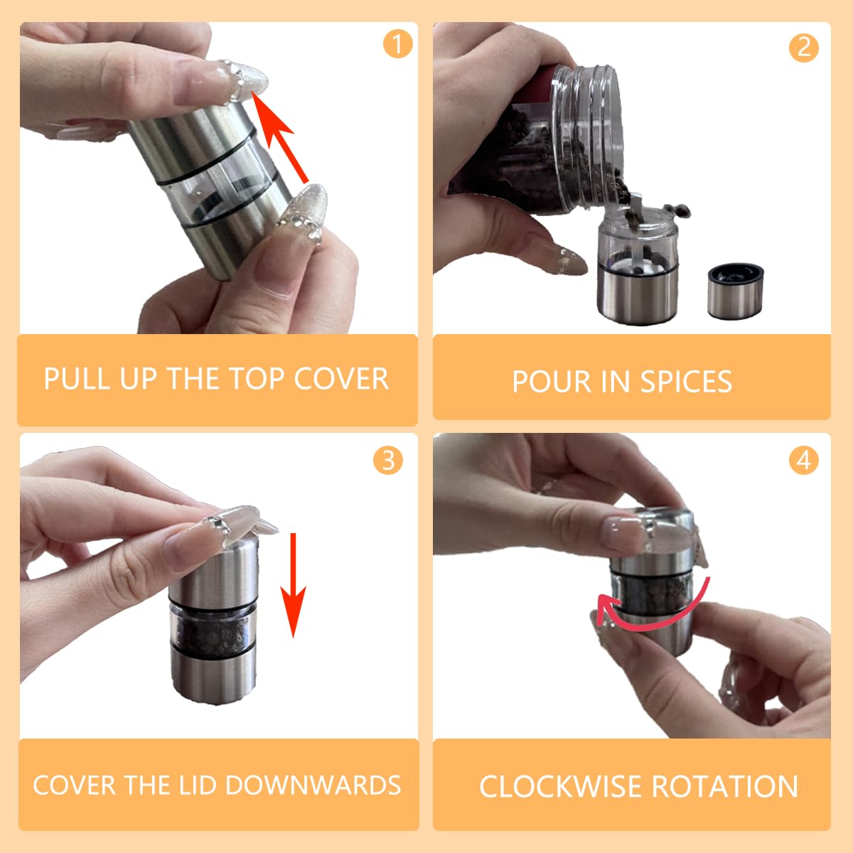 Molinillo de sal T-mark, compacto en acero inoxidable para uso diario.