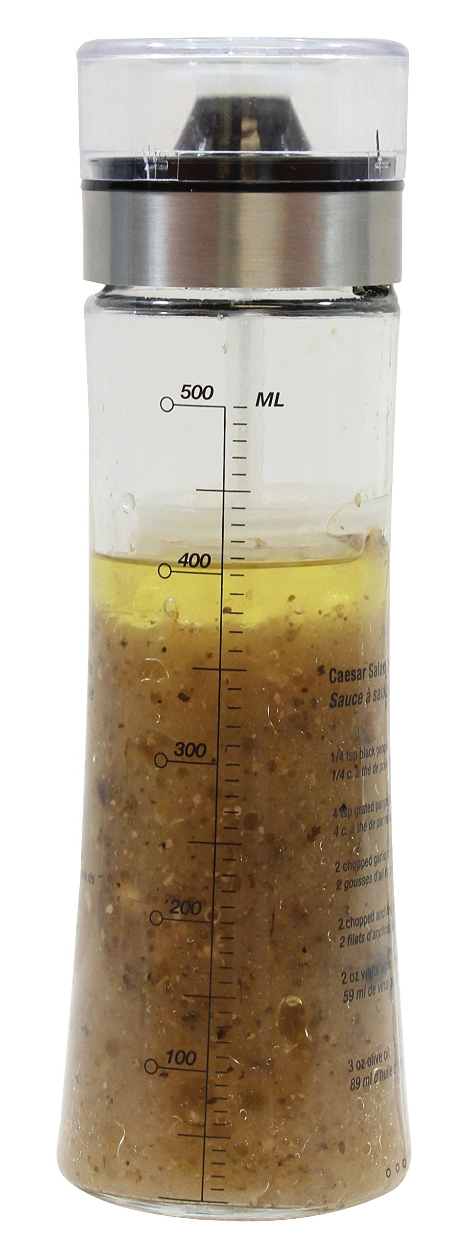 Tablecraft aderezo-ensaladera: vaso de vidrio con tapa metálica para mezclar y servir con precisión.