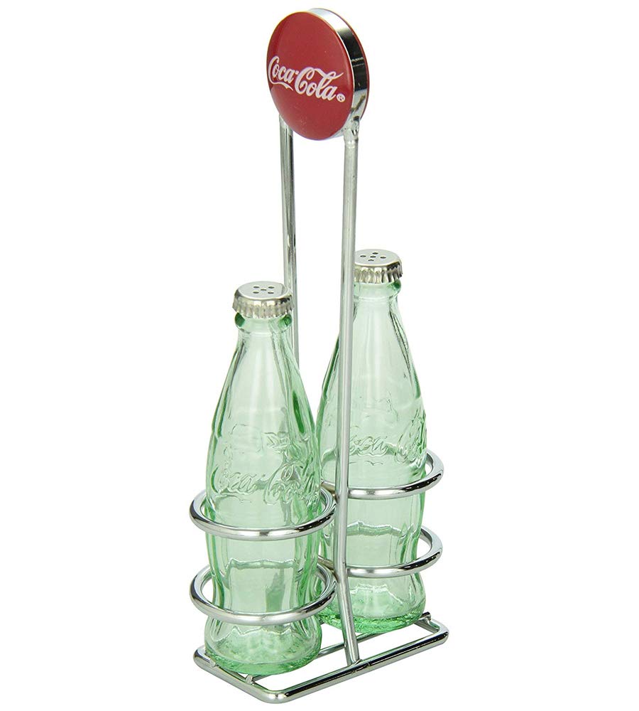 TableCraft Coca-Cola, juego de sal y pimienta con soporte cromado, ideal para mesa vintage.
