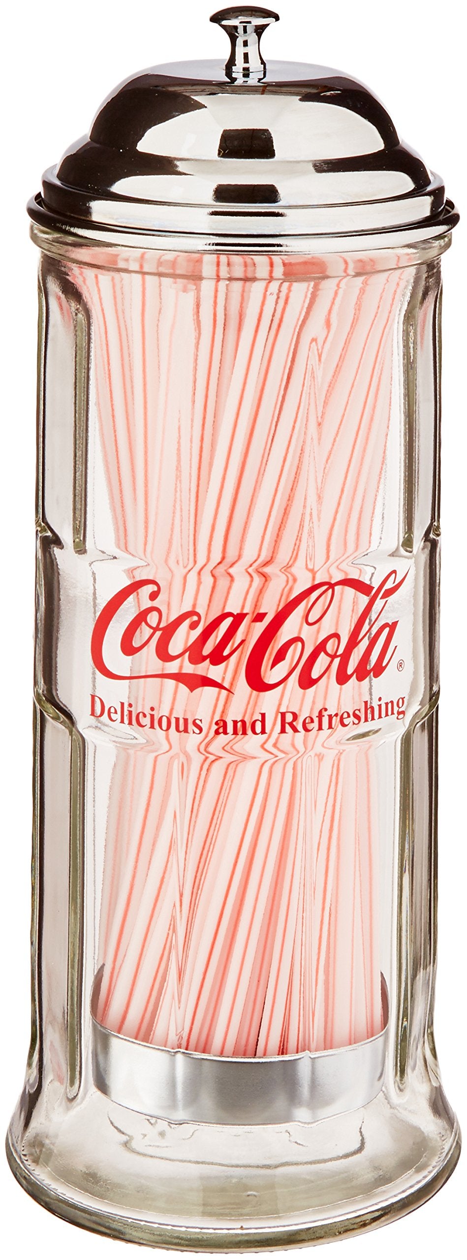TableCraft Coca-Cola: vaso de vidrio para pajillas, organización rápida y acceso cómodo.