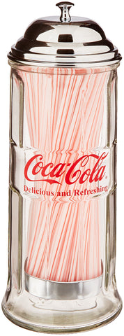TableCraft Coca-Cola: vaso de vidrio para pajillas, organización rápida y acceso cómodo.