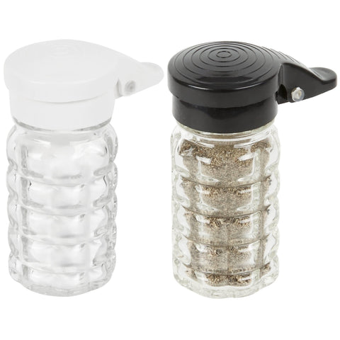 Tablecraft sal y pimienta en vidrio 1.5 oz con tapas negras y blancas, protege humedad.